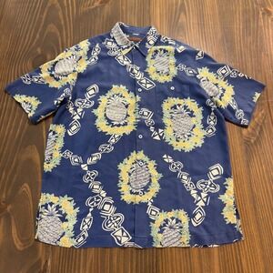 TORI RICHARD Mens Hawaiian Silk Shirt‎ Medium Blue Pineapple Aloha Button Front